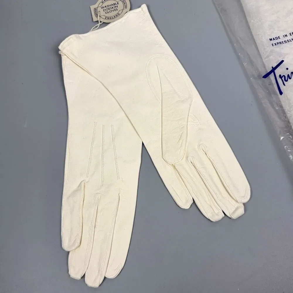 New Vintage White Gloves Washable Doeskin Leather Trimingham Bros sz 7,5 England